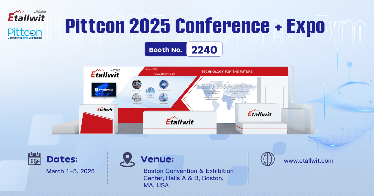 Etallwit Pittcon 2025 invitation displaying booth 2240, event dates, and location in Boston