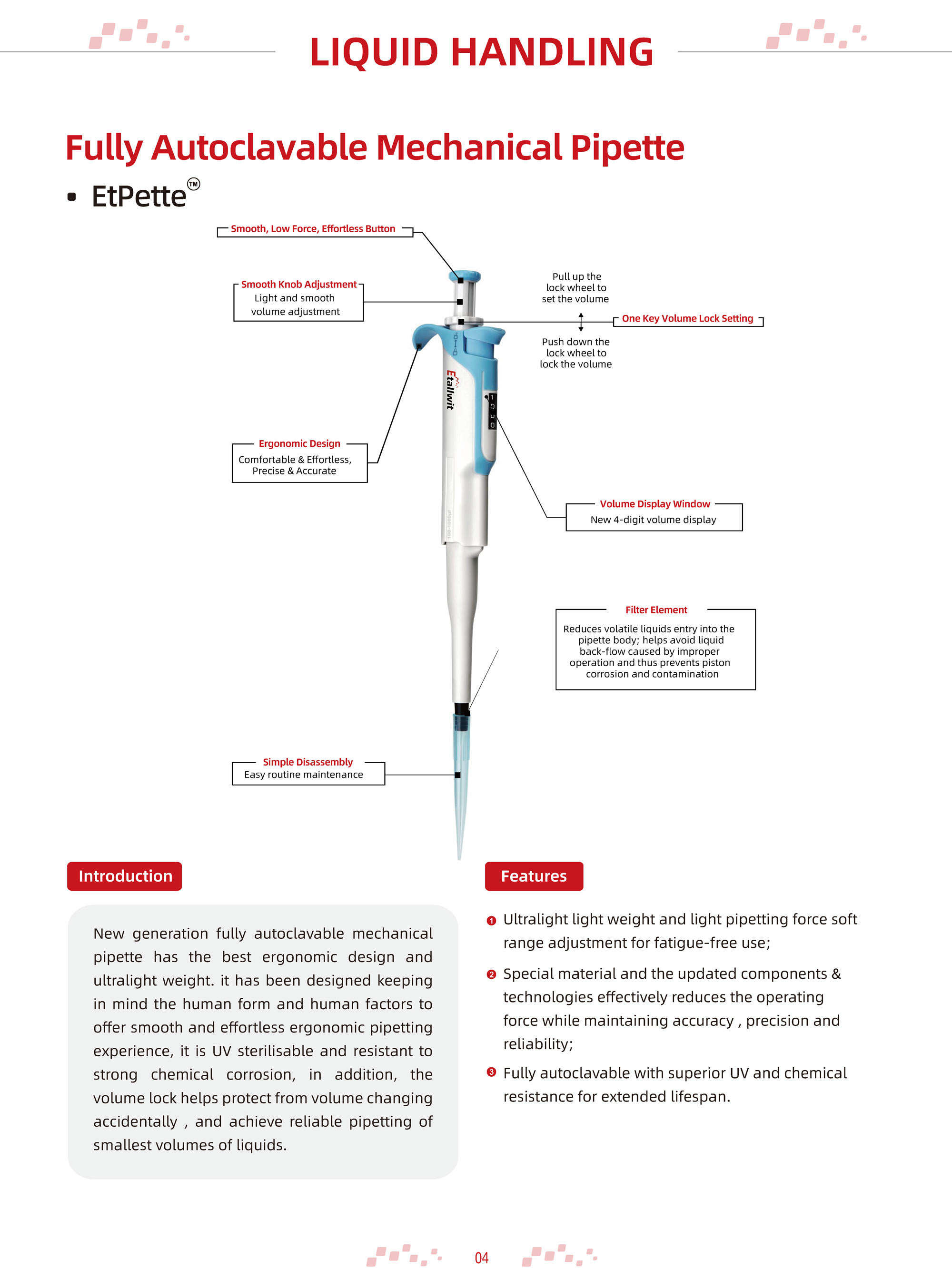 EtPette Fully Autoclavable Mechanical Pipette Description