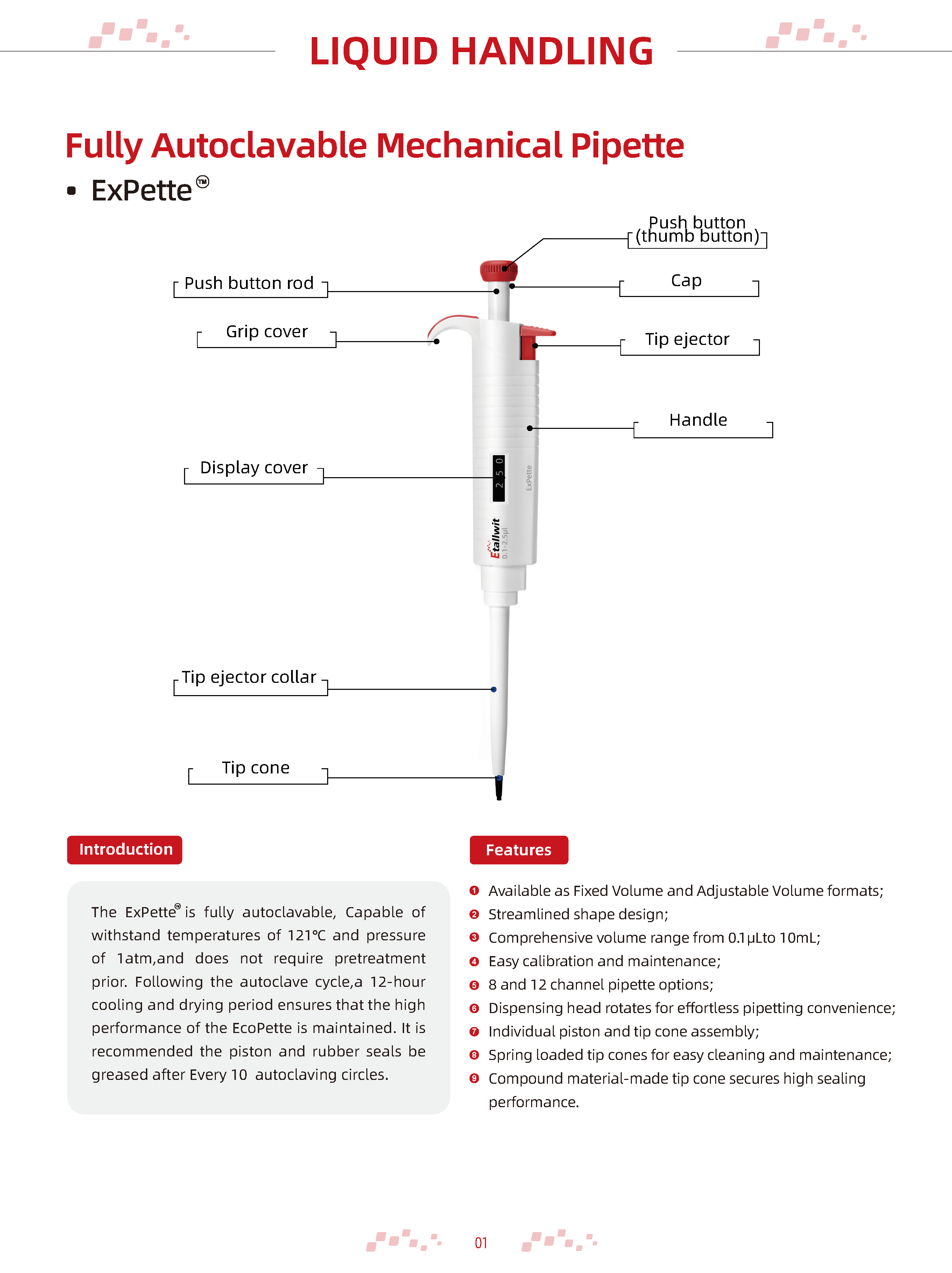 ExPette Fully Autoclavable Adjustable Volume Mechanical Pipette Description