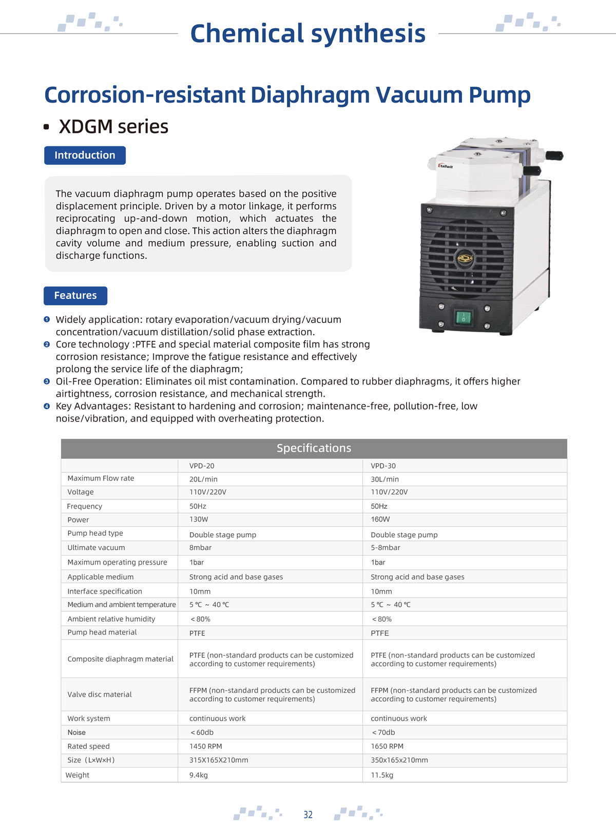 Etallwit VPD-20 Corrosion Resistant Diaphragm Vacuum Pump Description